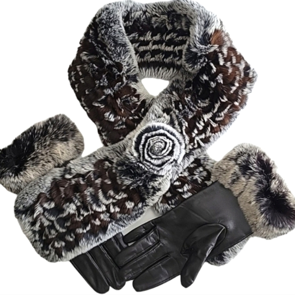 Alaskan Fur Knit Snow Top REX Scarf Headwrap + matching Lambskin LEA Gloves NWT - Picture 9 of 14